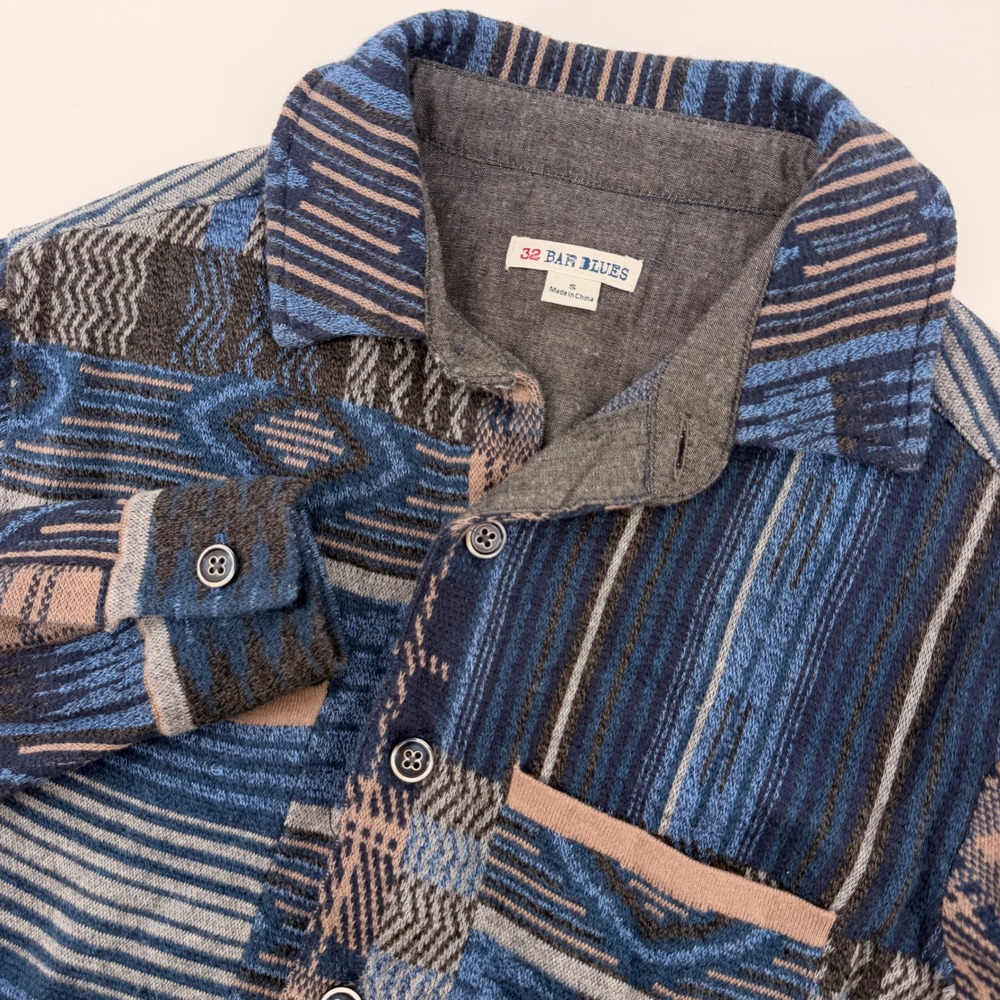 32 Bar Blues Shirt Jacket Mens S Blue Southwestern Patchwork Knit Button Up